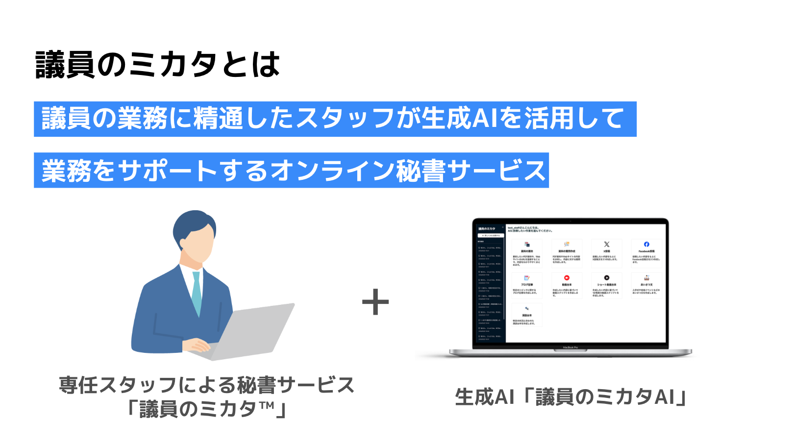 議員のミカタとは、議員の業務に精通したスタッフが生成AIを活用して業務をサポートするオンライン秘書サービスです